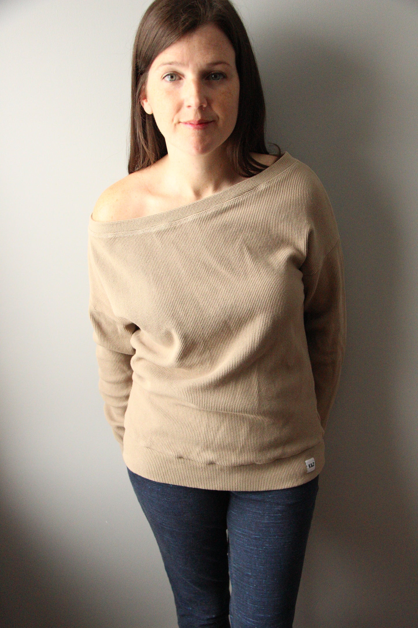 Ladies Waffle Knit Off Shoulder Sweater