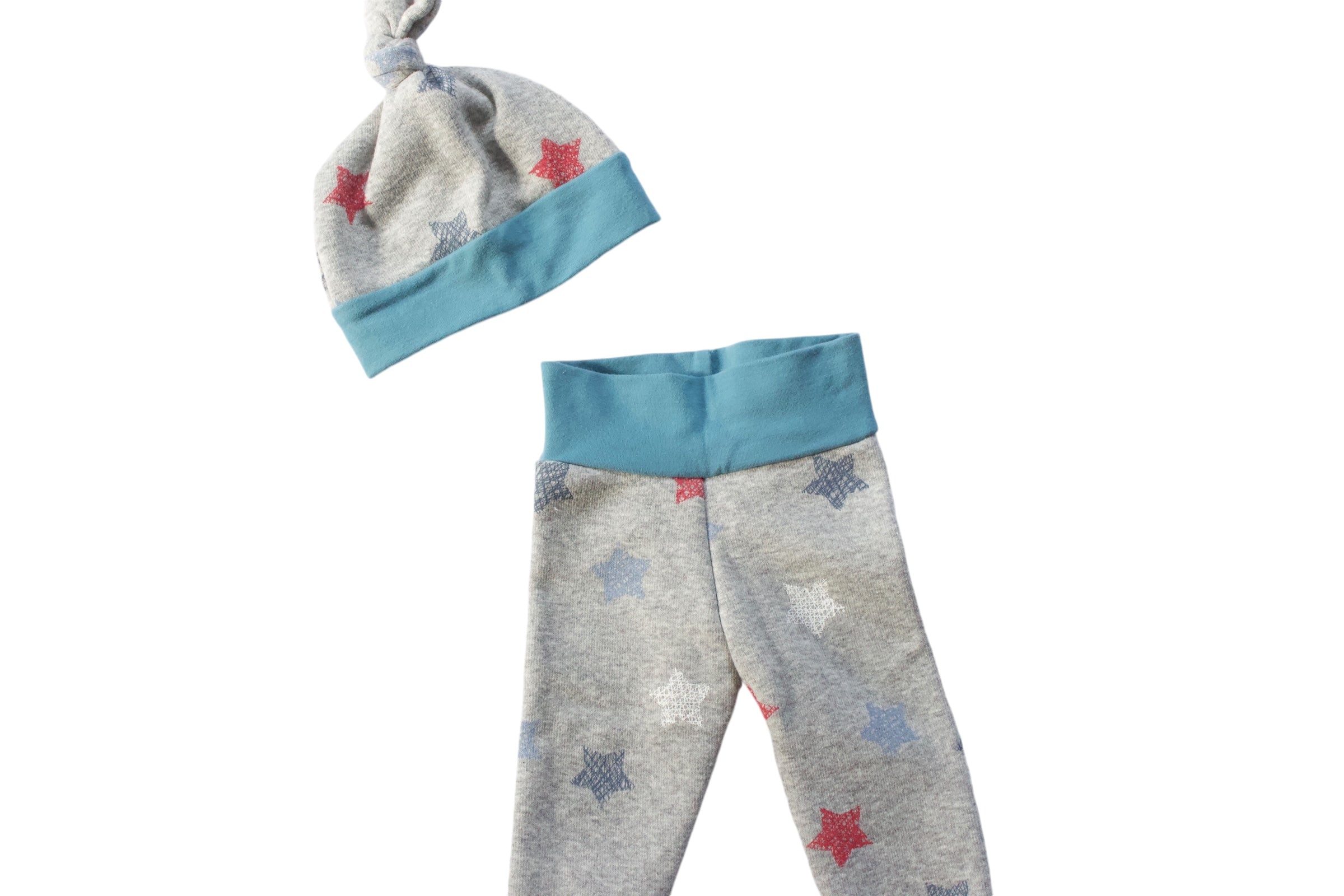 0-3m Red & Blue Star Jogger & Knot Hat Set