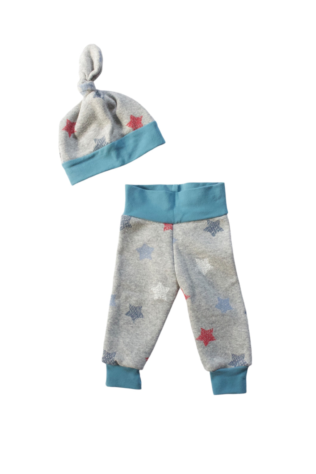 0-3m Red & Blue Star Jogger & Knot Hat Set