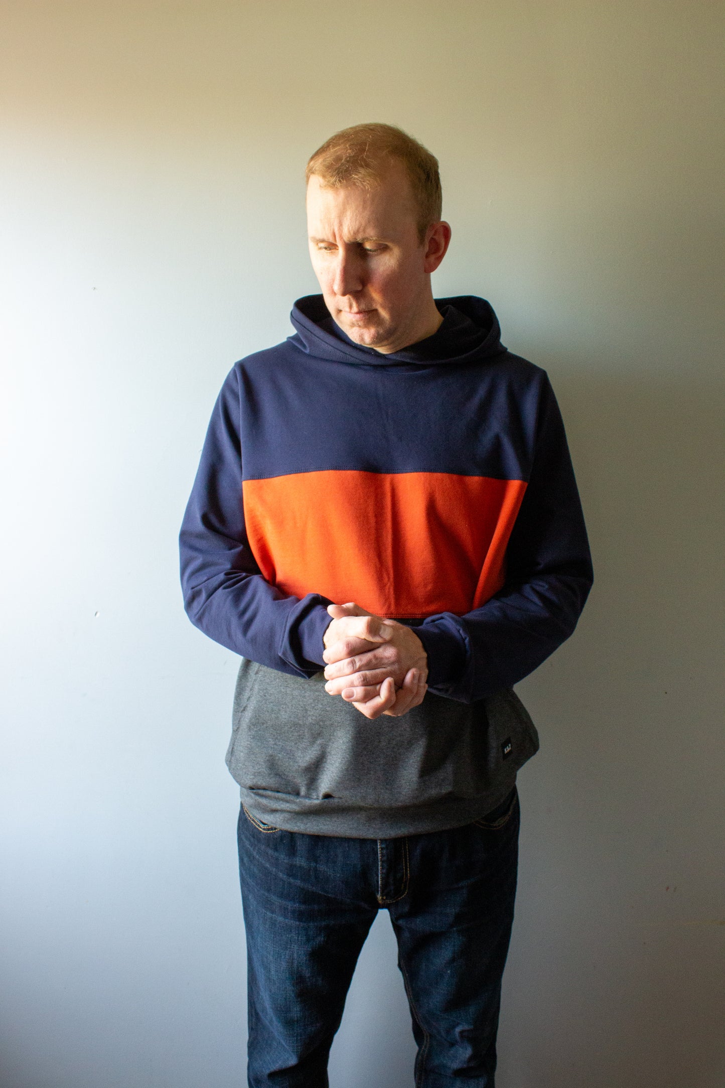 Men’s Tri ColourBlock Hoodie - Rust/Navy/Grey