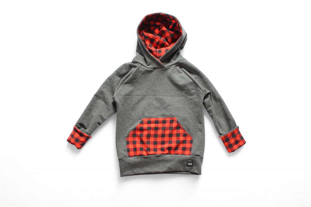 6-9y Red Buffalo Plaid Pocket Hoodie- Grow With Me