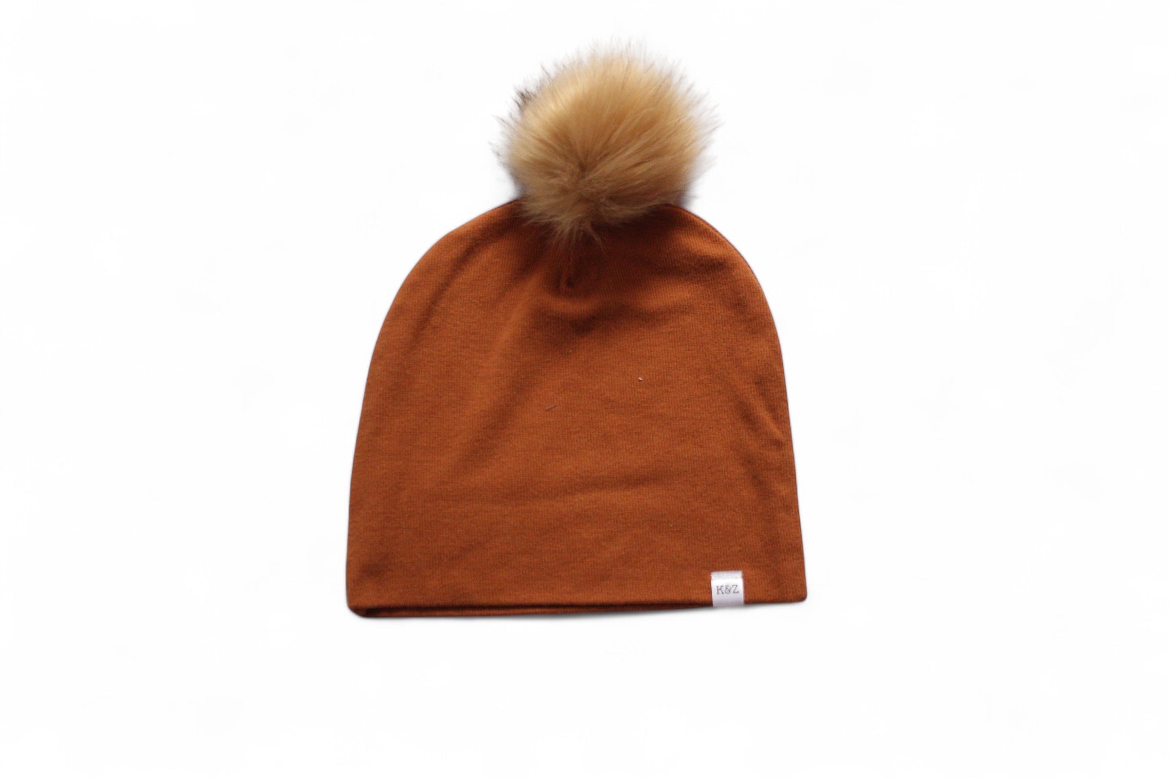 Child Size Rust Slouchy Bamboo Ribbing Pom Pom Beanie