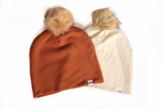 Child Size Rust Slouchy Bamboo Ribbing Pom Pom Beanie