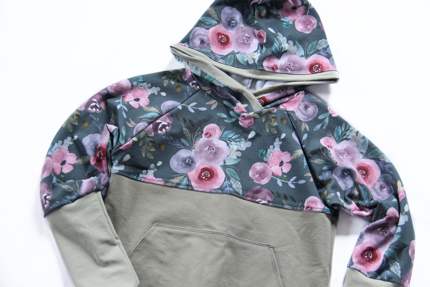 Green Watercolour Floral ColourBlock Hoodie - Grow With Me