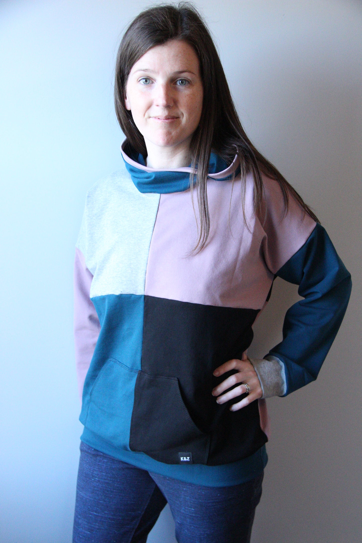 Women's Colourblock Hoodie - Teal and Pink