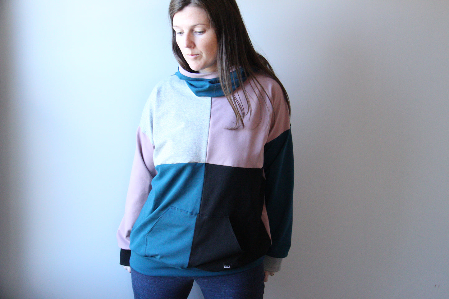 Women's Colourblock Hoodie - Teal and Pink