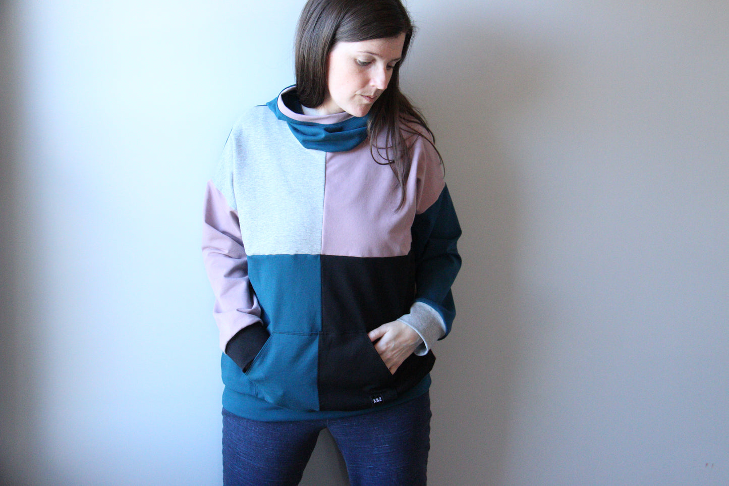 Women's Colourblock Hoodie - Teal and Pink