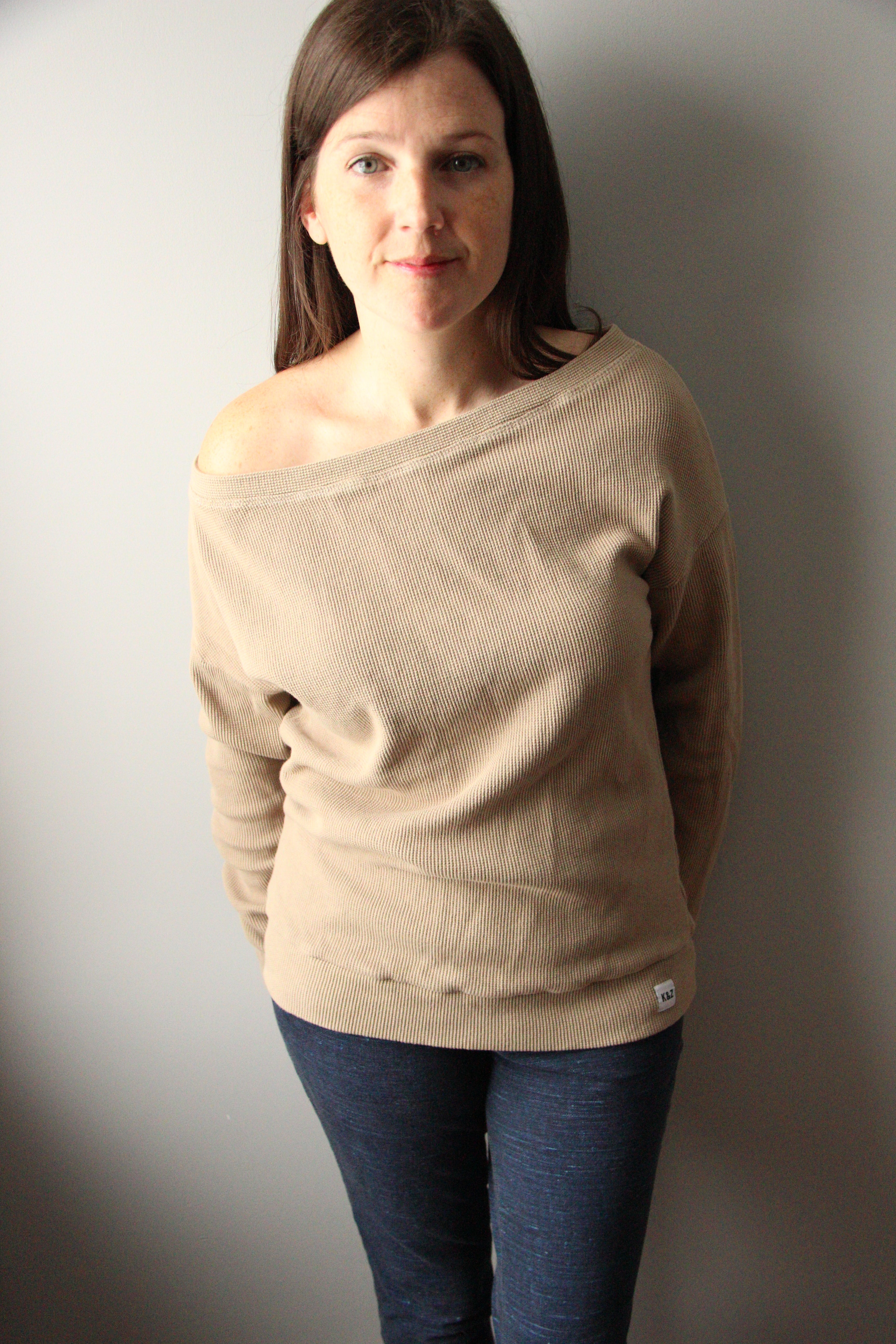 Ladies Waffle Knit Off Shoulder Sweater