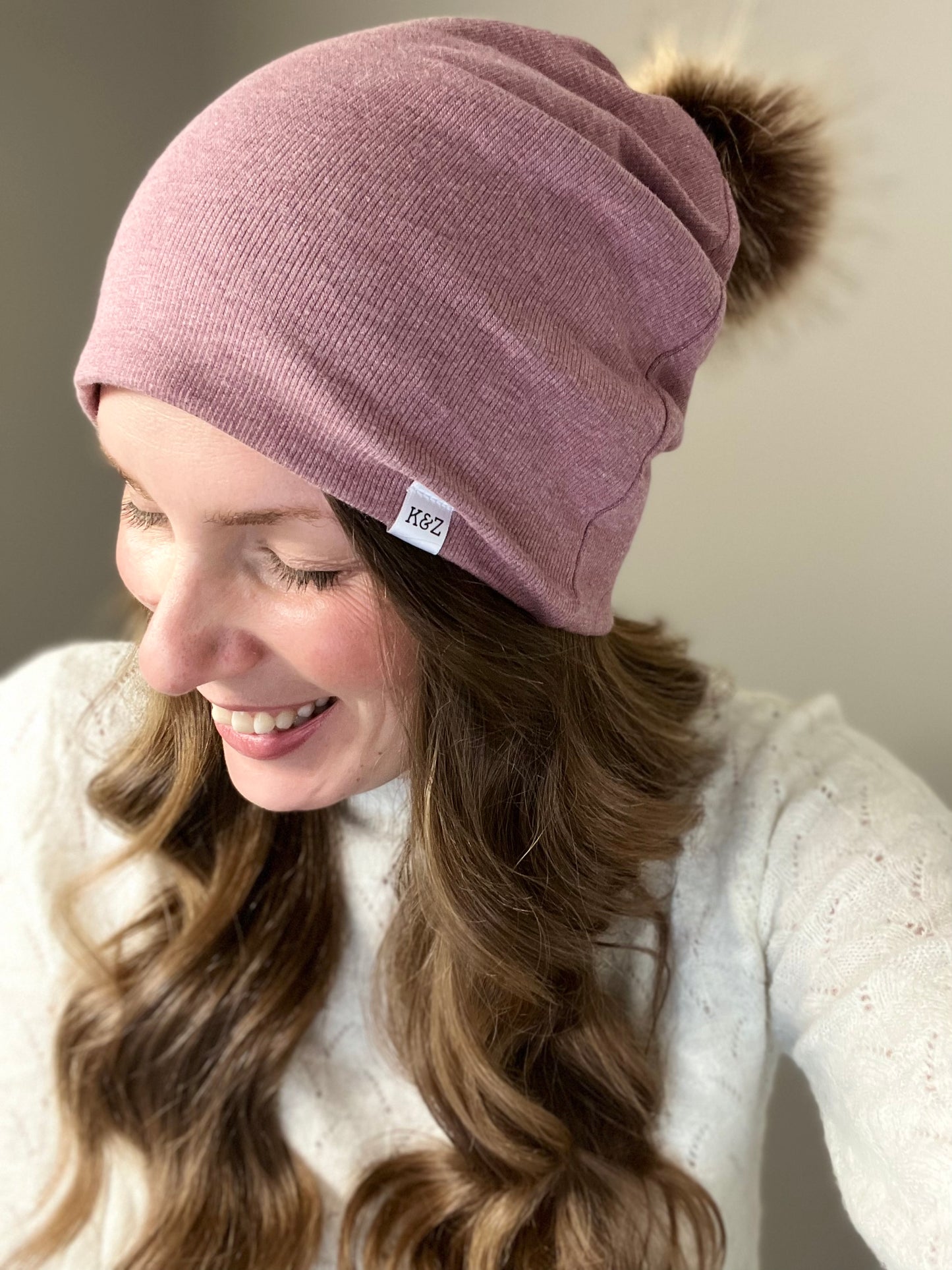 Slouchy Bamboo Ribbing Pom Pom Beanies