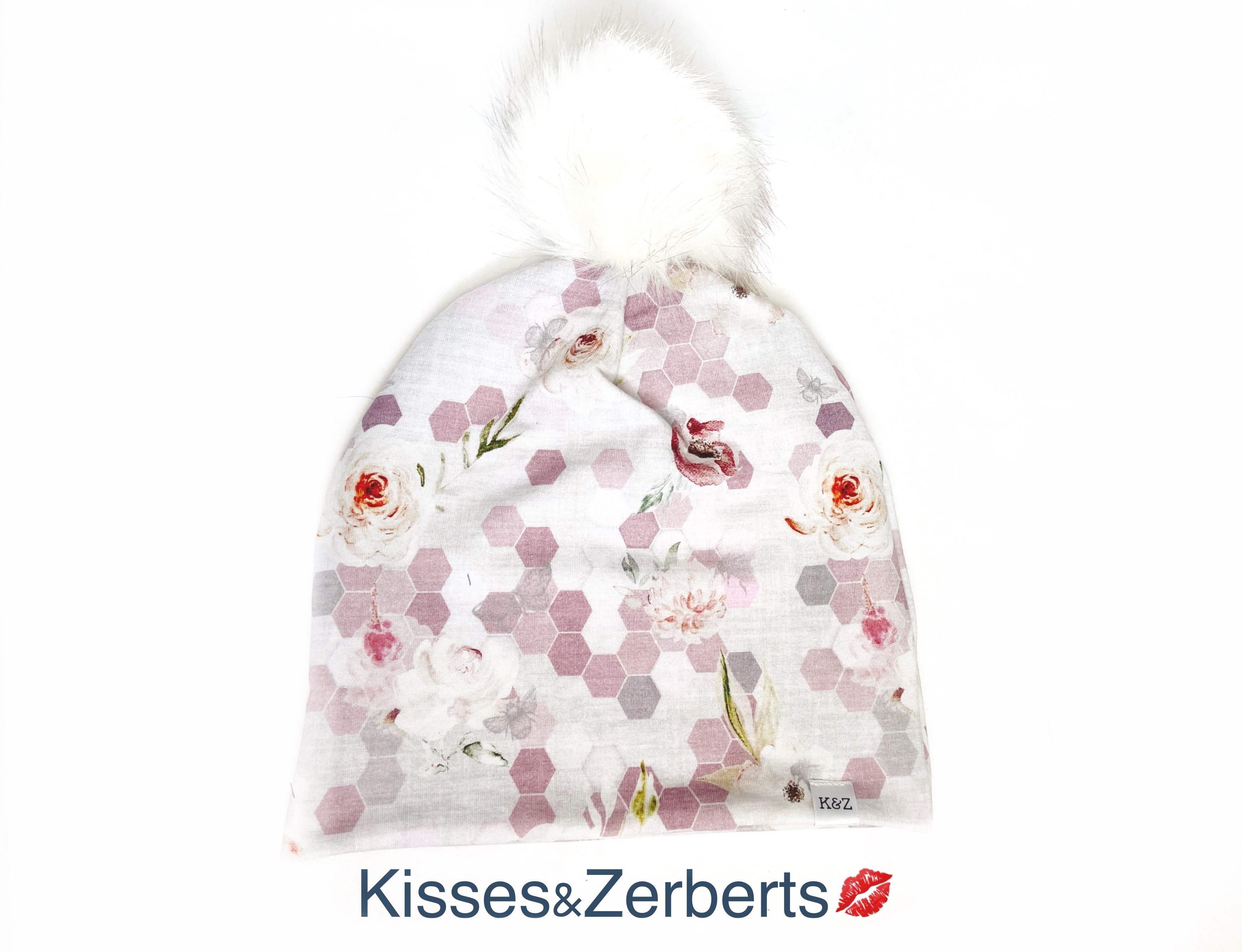 Adult Medium Honeycomb Floral Pom Pom Beanie